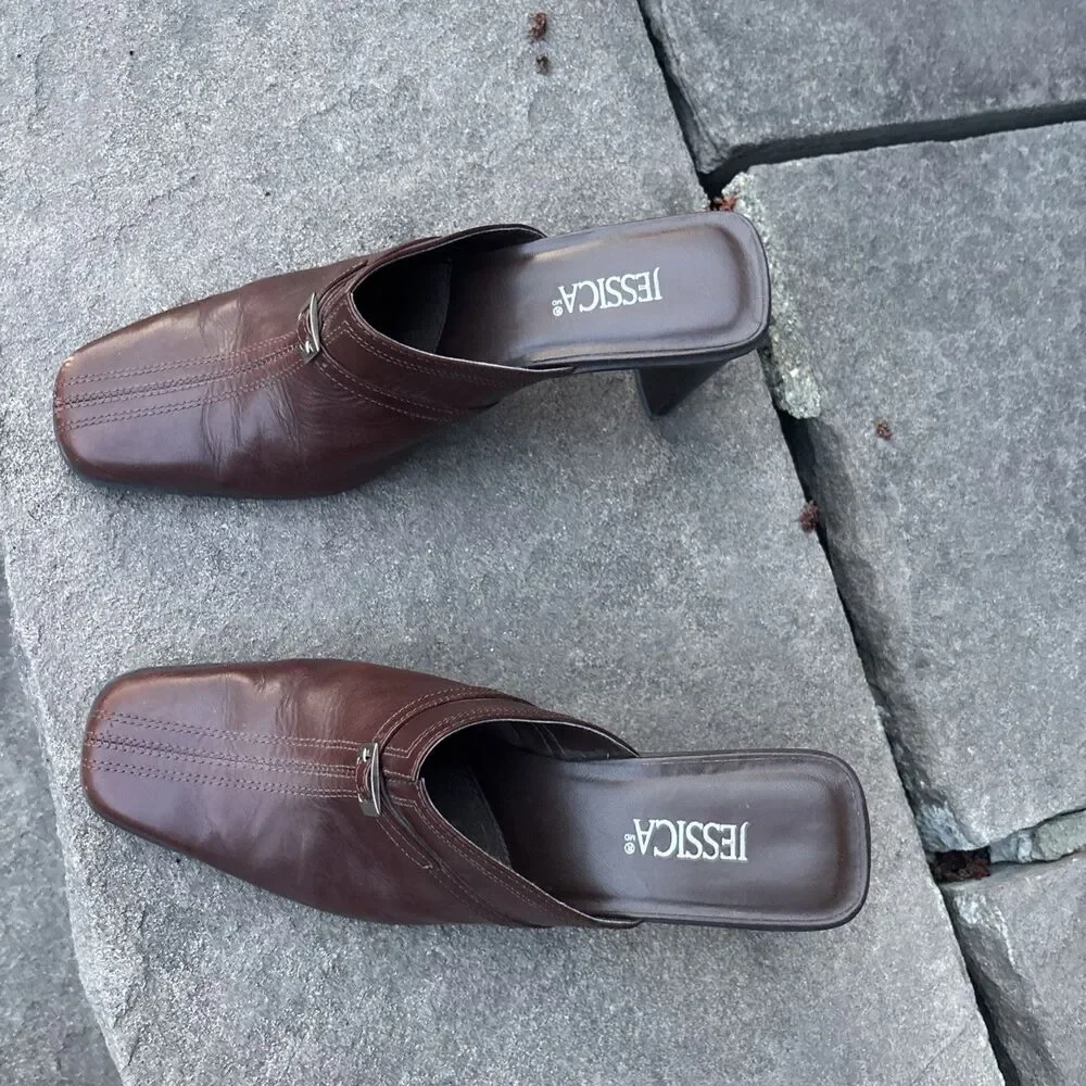 Women’s Vintage Jessica Brown Leather Backless Heels Size 7